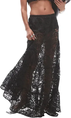 NUFIWI Women Lace Tiered Maxi Skirt Elastic Waist See Through A Line Flowy Slip Skirts Floral Lace Layering Long Skirt