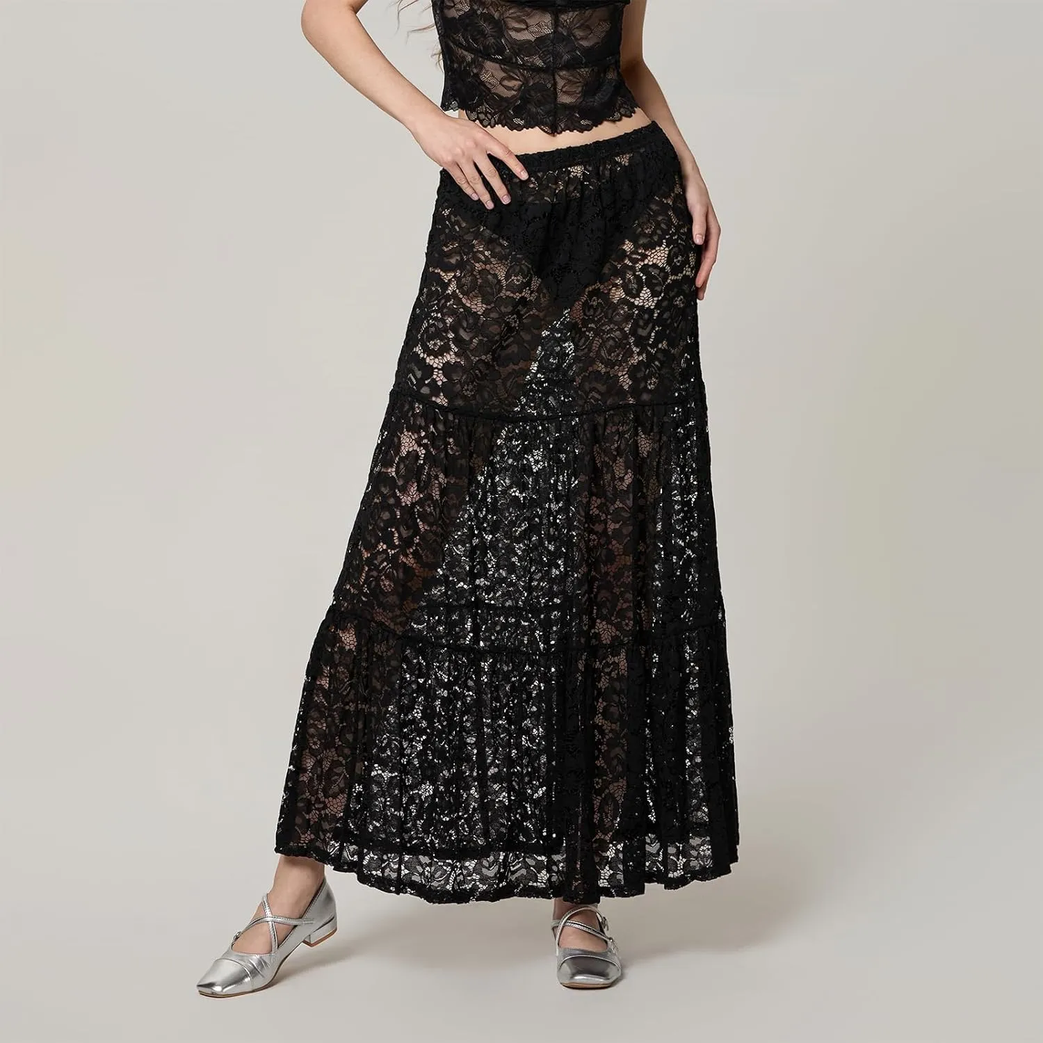 NUFIWI Women Lace Tiered Maxi Skirt Elastic Waist See Through A Line Flowy Slip Skirts Floral Lace Layering Long Skirt