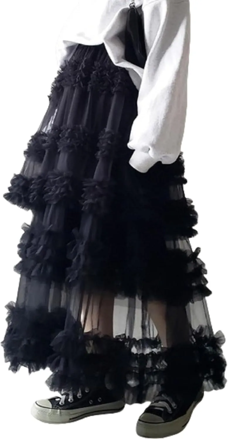 NUFIWI Women Puffy Tulle Maxi Skirt Layered A Line Tiered Ruffle Long Skirts Mesh Tutu Skirt Petticoat