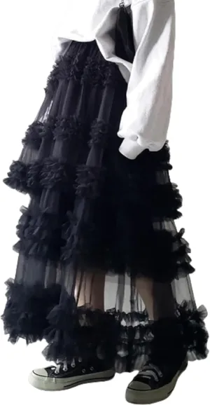 NUFIWI Women Puffy Tulle Maxi Skirt Layered A Line Tiered Ruffle Long Skirts Mesh Tutu Skirt Petticoat