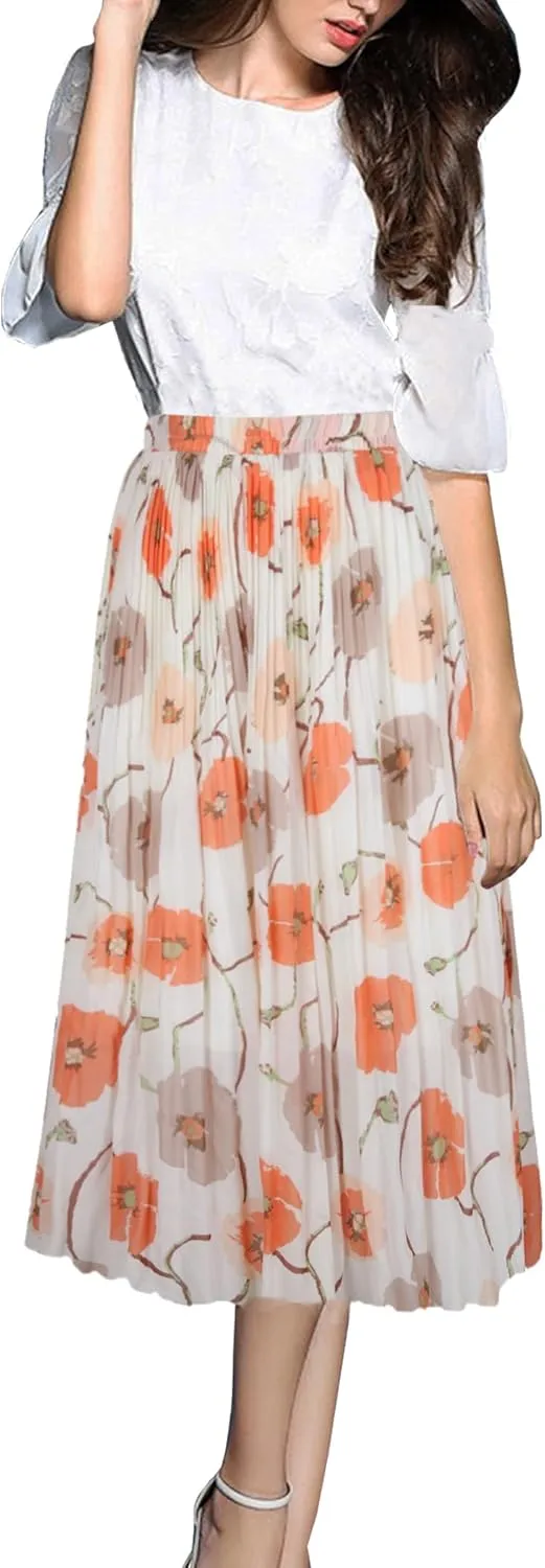 OBBUE Women's Chiffon Pleated Skirts Elastic High Waist A-line Midi Skirts for Casual Party Holiday