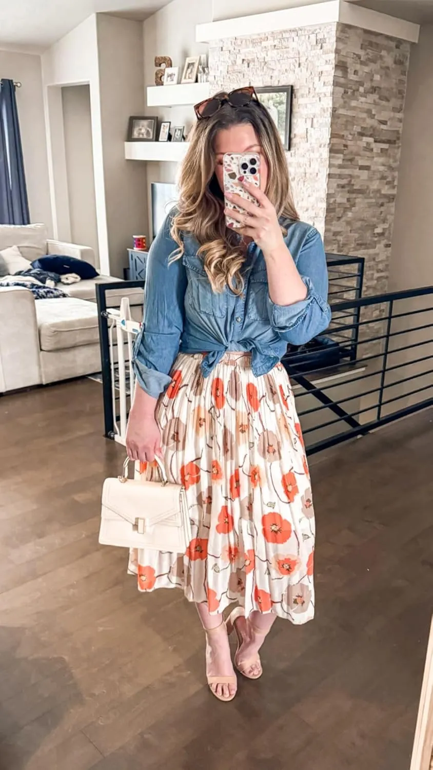 OBBUE Women's Chiffon Pleated Skirts Elastic High Waist A-line Midi Skirts for Casual Party Holiday