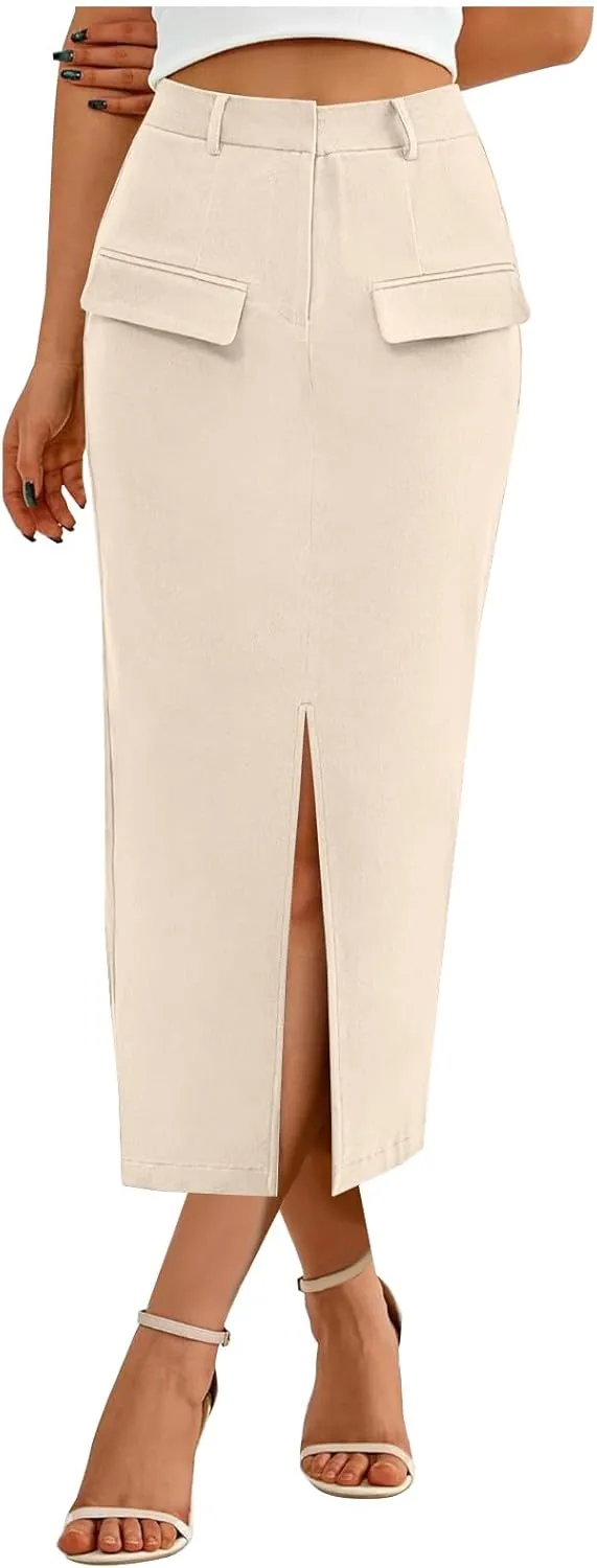 Office Work Split Pencil Skirt for Women Cotton High Waist Slim Bodycon Hip Hugging Skirt Maxi Long Pencil Skirts