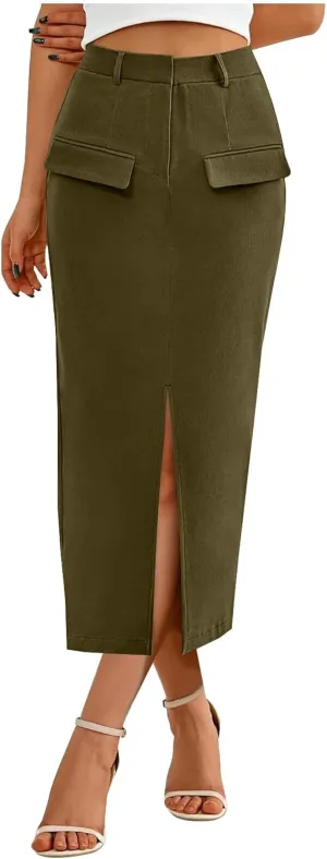 Oplxuo Women's Pencil Skirt Slit Front Cotton Business Casual Work Midi Skirts Ladies Elastic High Waist Bodycon Suit Skirts