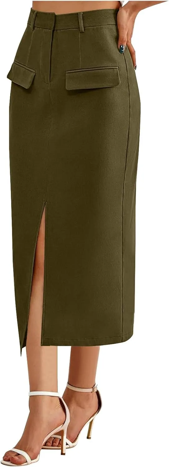 Oplxuo Women's Pencil Skirt Slit Front Cotton Business Casual Work Midi Skirts Ladies Elastic High Waist Bodycon Suit Skirts