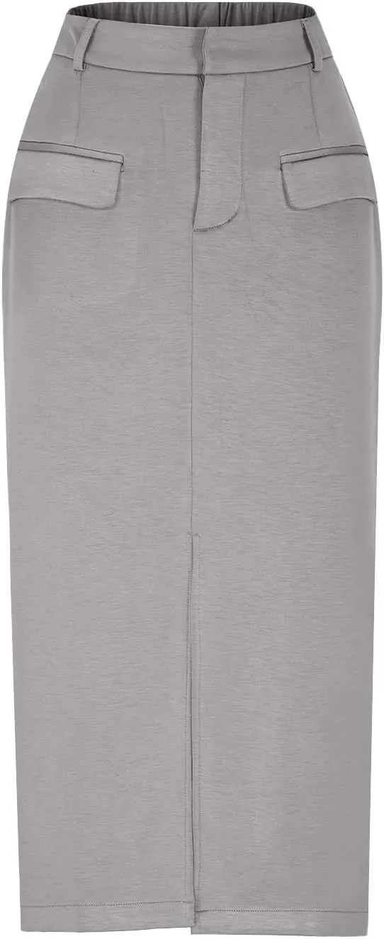 Oplxuo Women's Pencil Skirt Slit Front Cotton Business Casual Work Midi Skirts Ladies Elastic High Waist Bodycon Suit Skirts