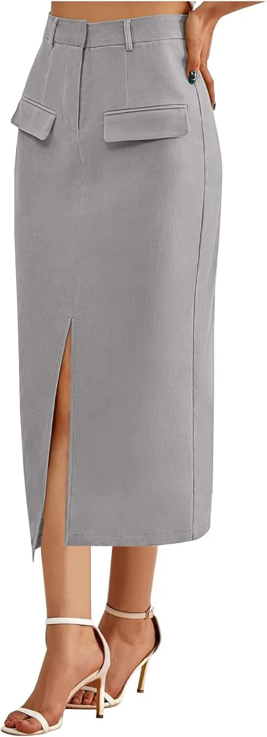 Oplxuo Women's Pencil Skirt Slit Front Cotton Business Casual Work Midi Skirts Ladies Elastic High Waist Bodycon Suit Skirts