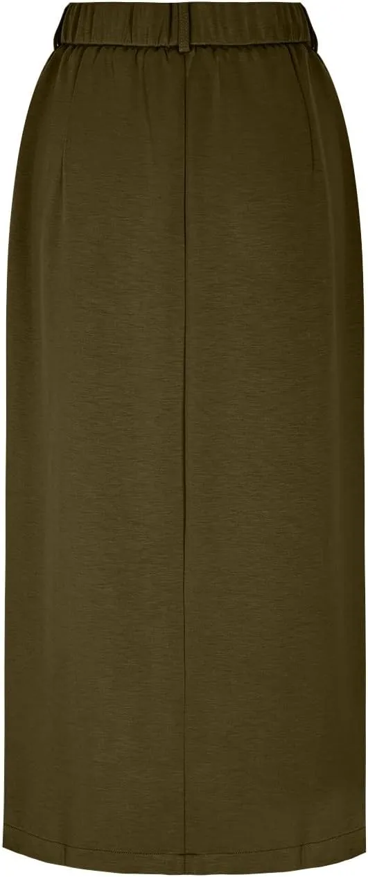 Oplxuo Women's Pencil Skirt Slit Front Cotton Business Casual Work Midi Skirts Ladies Elastic High Waist Bodycon Suit Skirts