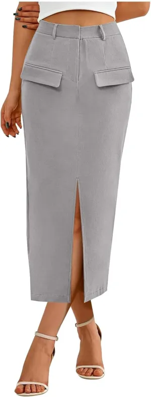 Oplxuo Women's Pencil Skirt Slit Front Cotton Business Casual Work Midi Skirts Ladies Elastic High Waist Bodycon Suit Skirts