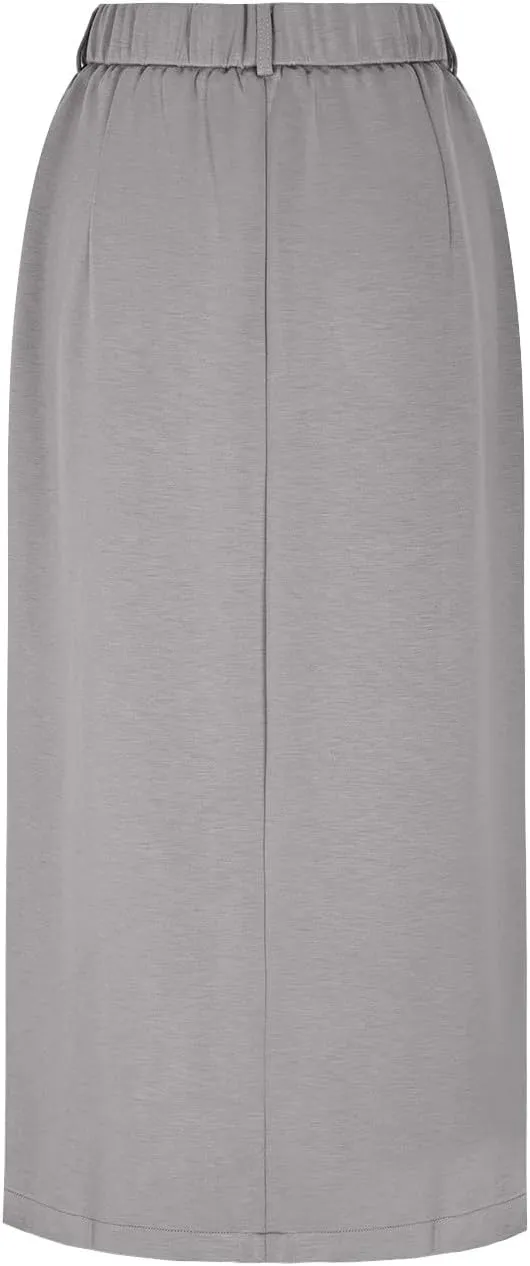Oplxuo Women's Pencil Skirt Slit Front Cotton Business Casual Work Midi Skirts Ladies Elastic High Waist Bodycon Suit Skirts