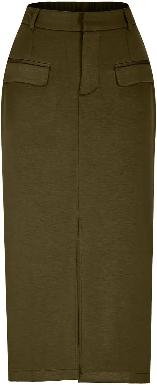 Oplxuo Women's Pencil Skirt Slit Front Cotton Business Casual Work Midi Skirts Ladies Elastic High Waist Bodycon Suit Skirts