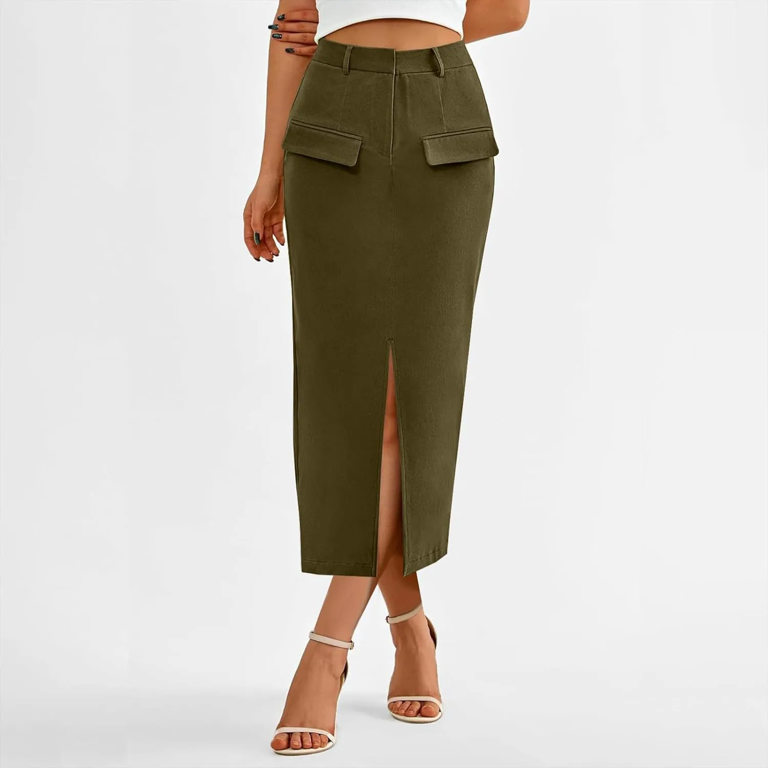 Oplxuo Women's Pencil Skirt Slit Front Cotton Business Casual Work Midi Skirts Ladies Elastic High Waist Bodycon Suit Skirts