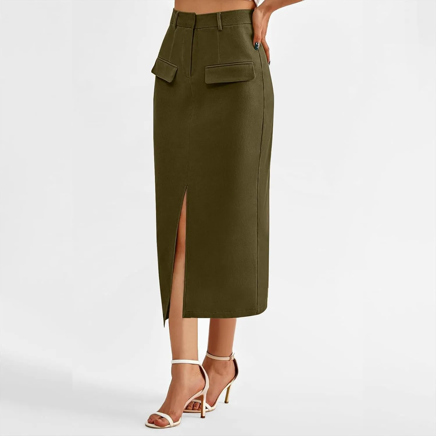Oplxuo Women's Pencil Skirt Slit Front Cotton Business Casual Work Midi Skirts Ladies Elastic High Waist Bodycon Suit Skirts
