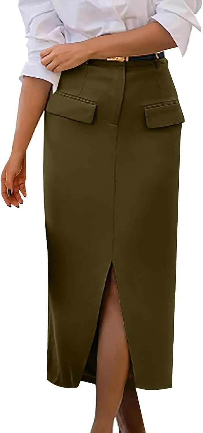 Oplxuo Women's Pencil Skirt Slit Front Cotton Business Casual Work Midi Skirts Ladies Elastic High Waist Bodycon Suit Skirts