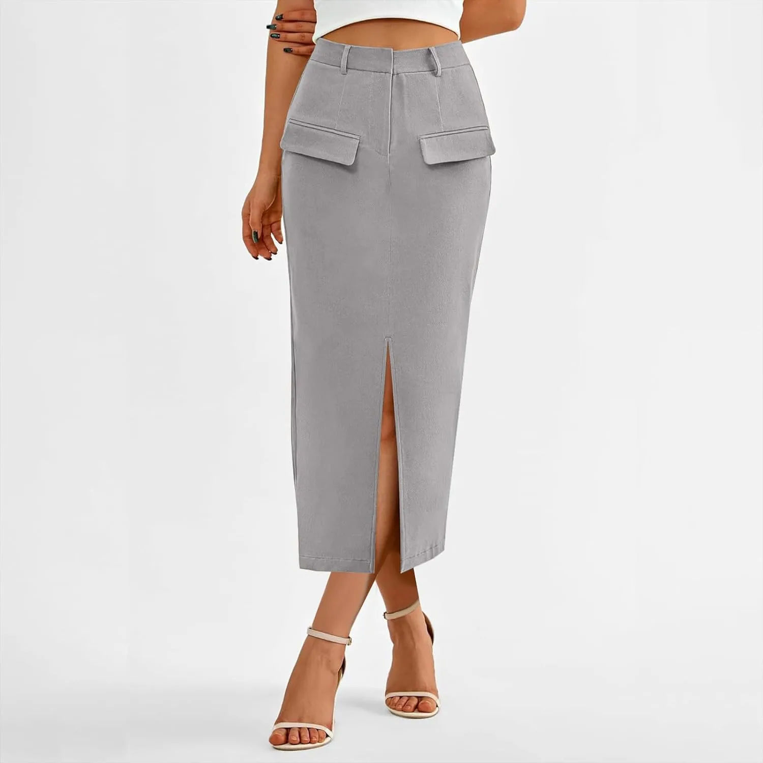 Oplxuo Women's Pencil Skirt Slit Front Cotton Business Casual Work Midi Skirts Ladies Elastic High Waist Bodycon Suit Skirts