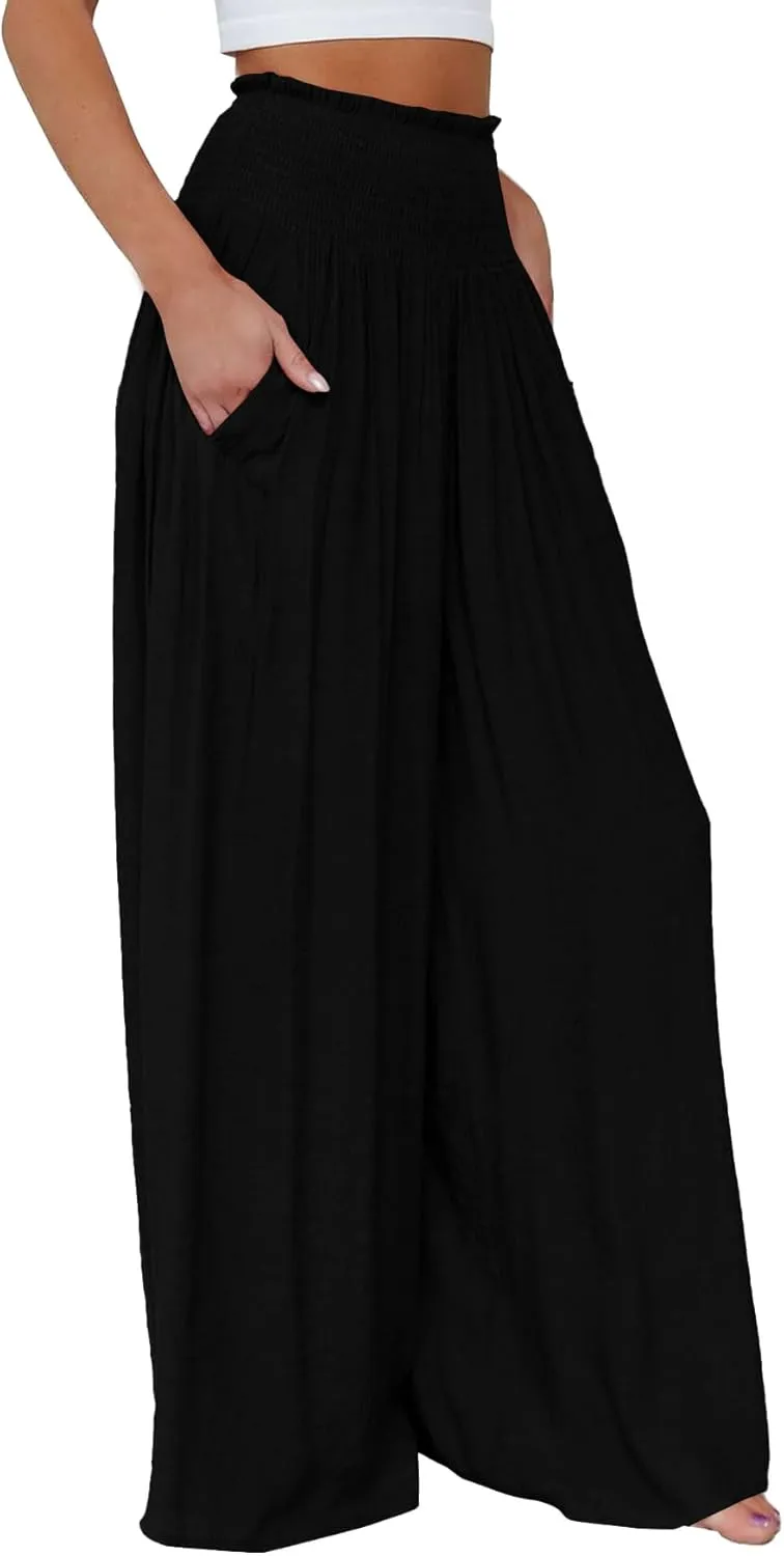 OPOIPIN Women's Smocked High Waisted Lounge Trousers Wide Leg Long Pants with Pockets