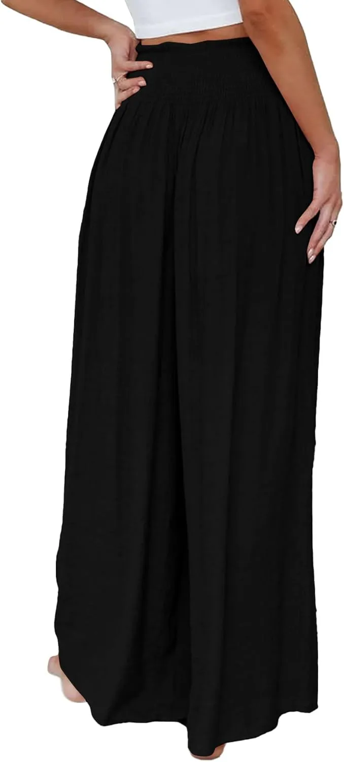 OPOIPIN Women's Smocked High Waisted Lounge Trousers Wide Leg Long Pants with Pockets
