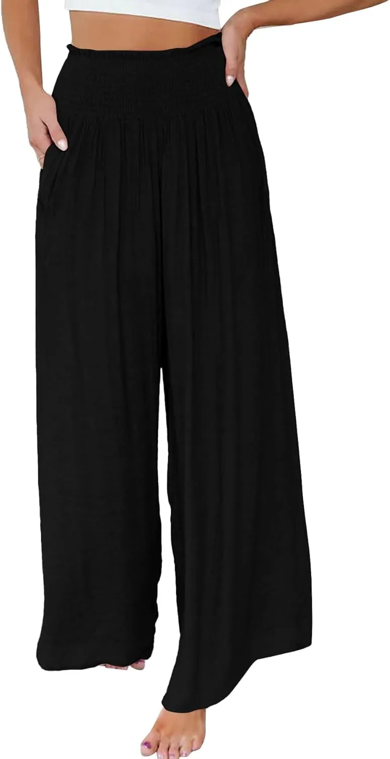 OPOIPIN Women's Smocked High Waisted Lounge Trousers Wide Leg Long Pants with Pockets