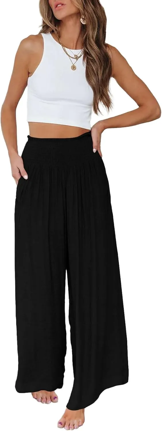 OPOIPIN Women's Smocked High Waisted Lounge Trousers Wide Leg Long Pants with Pockets