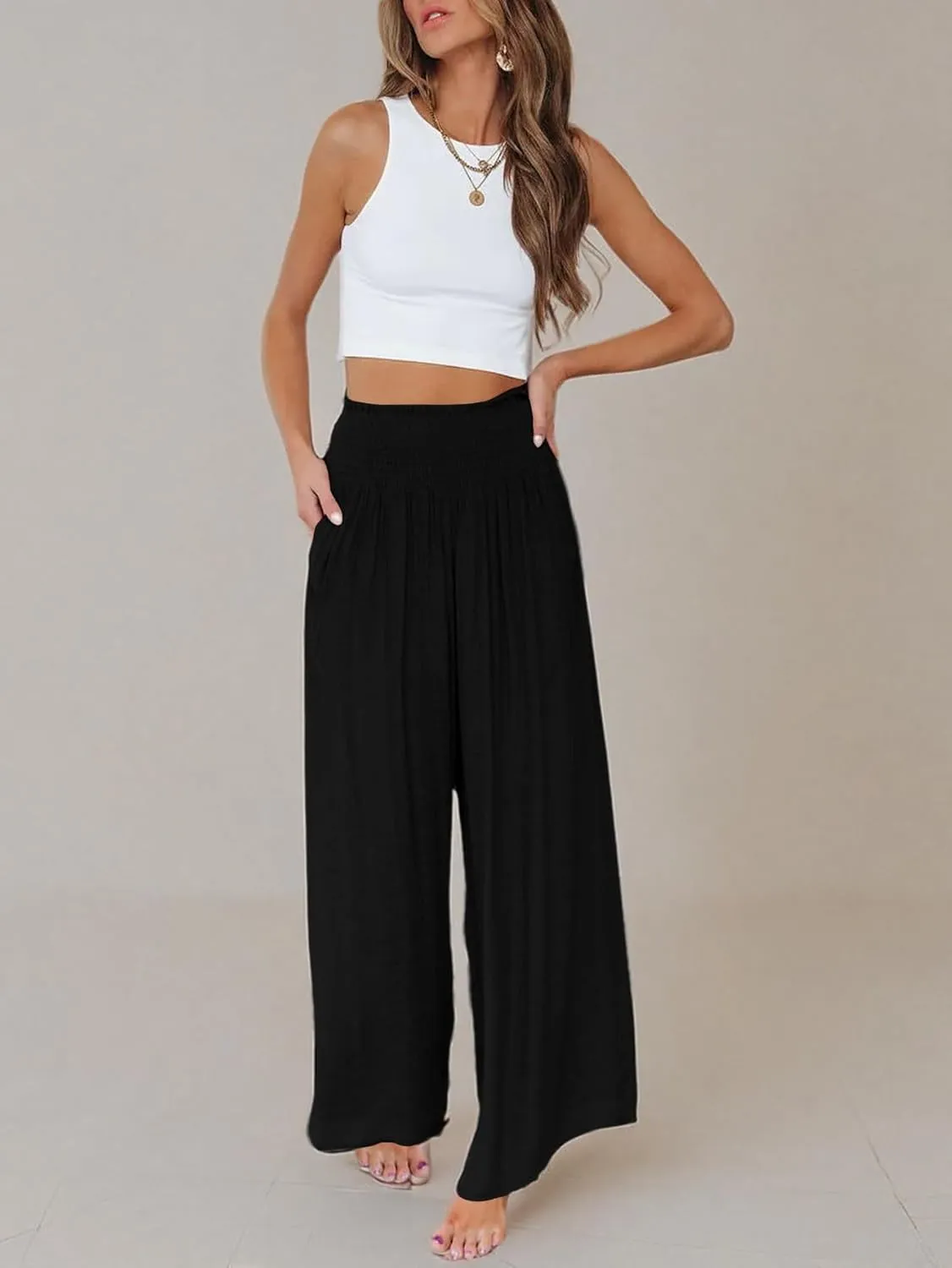 OPOIPIN Women's Smocked High Waisted Lounge Trousers Wide Leg Long Pants with Pockets