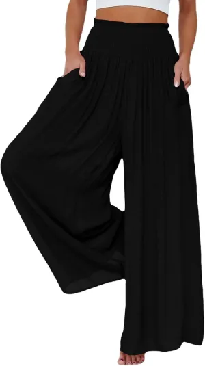 OPOIPIN Women's Smocked High Waisted Lounge Trousers Wide Leg Long Pants with Pockets