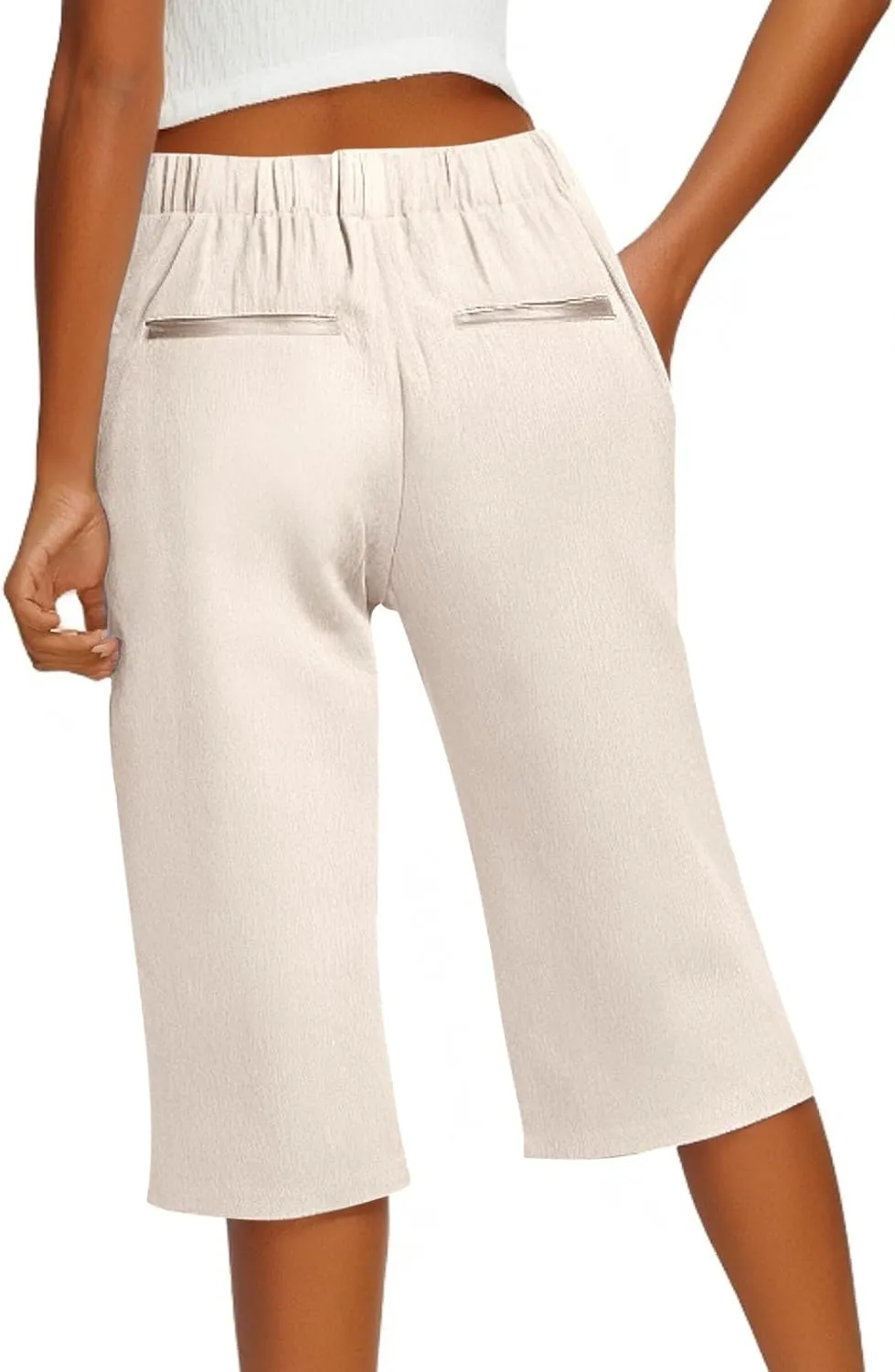 Pedal Pushers for Women Straight Leg Linen Capri Pants Relaxed Fit Cover Up Elastic Waist Bermuda Shorts with Pockets