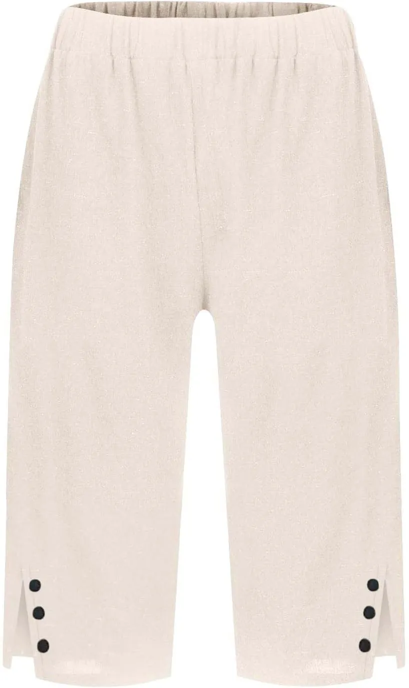 Pedal Pushers for Women Straight Leg Linen Capri Pants Relaxed Fit Cover Up Elastic Waist Bermuda Shorts with Pockets