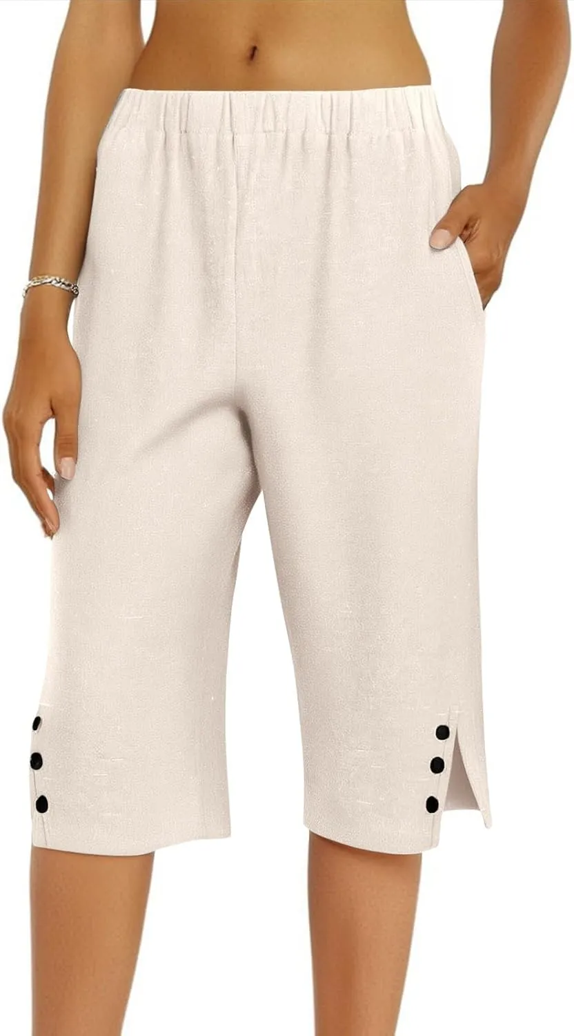 Pedal Pushers for Women Straight Leg Linen Capri Pants Relaxed Fit Cover Up Elastic Waist Bermuda Shorts with Pockets