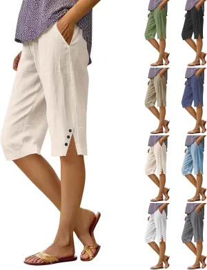 Pedal Pushers for Women Straight Leg Linen Capri Pants Relaxed Fit Cover Up Elastic Waist Bermuda Shorts with Pockets