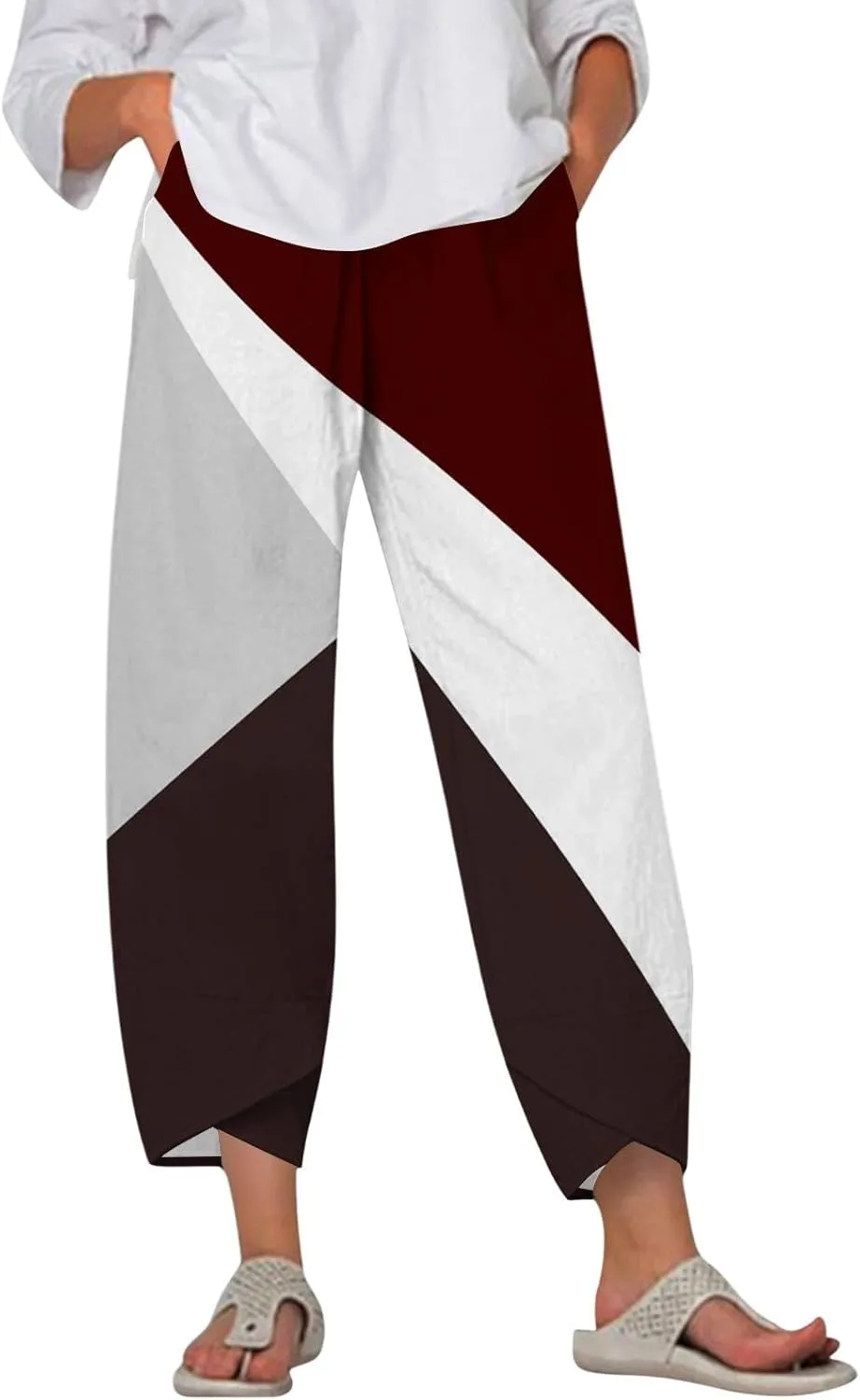 Petite Linen Pants Summer Wide Leg Hight Waisted Capri Pants Cotton Linen Comfy Cropped Palazzo Trousers with Pockets