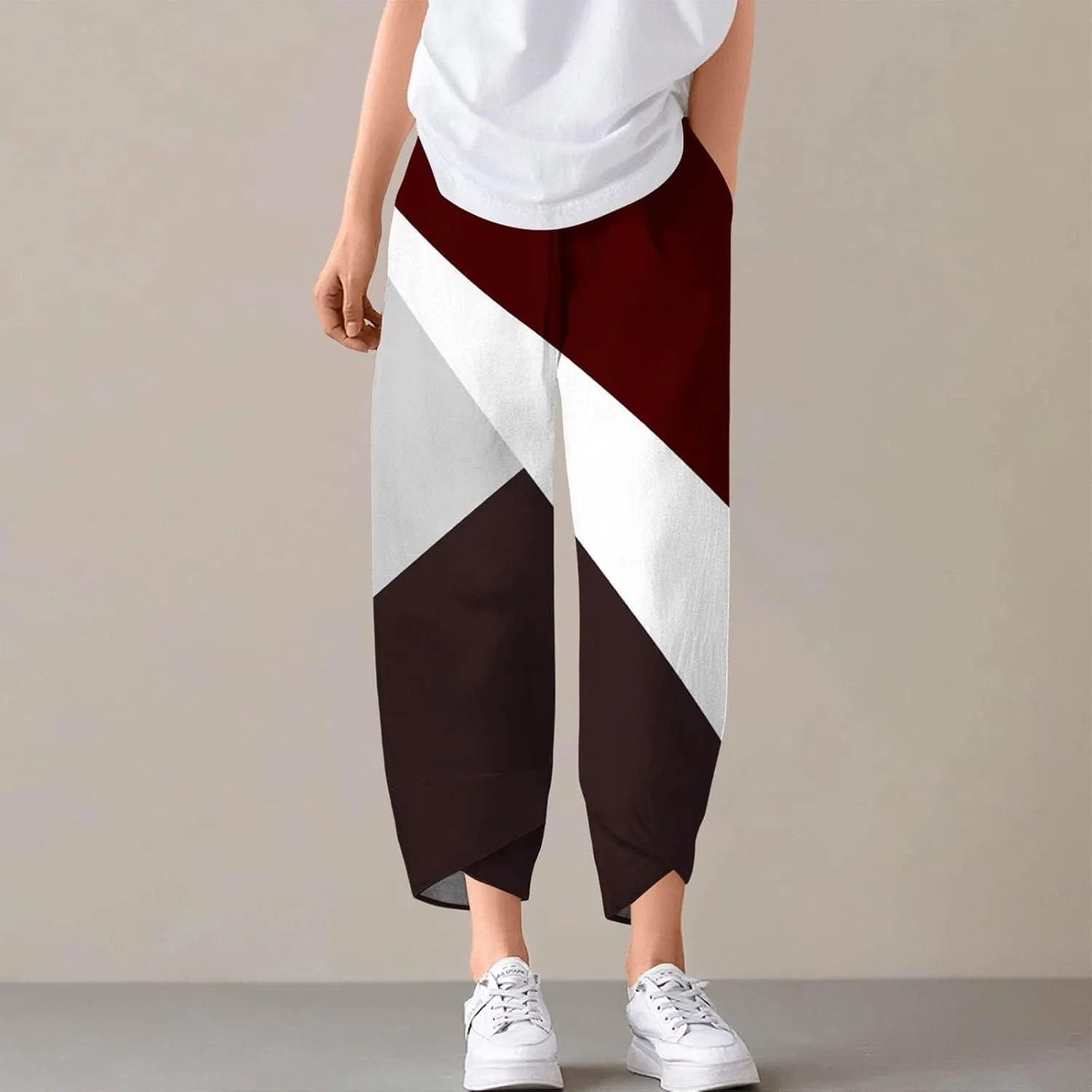 Petite Linen Pants Summer Wide Leg Hight Waisted Capri Pants Cotton Linen Comfy Cropped Palazzo Trousers with Pockets
