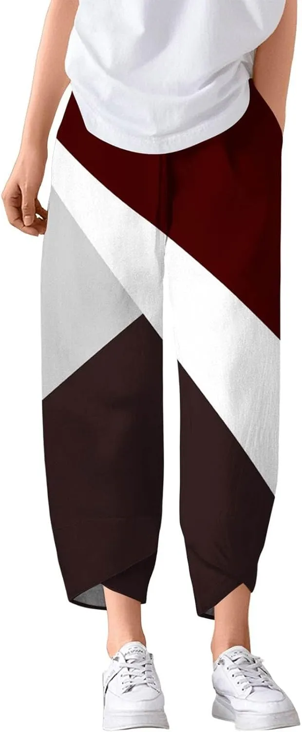 Petite Linen Pants Summer Wide Leg Hight Waisted Capri Pants Cotton Linen Comfy Cropped Palazzo Trousers with Pockets