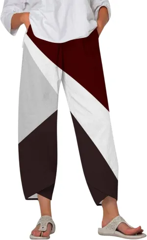 Petite Linen Pants Summer Wide Leg Hight Waisted Capri Pants Cotton Linen Comfy Cropped Palazzo Trousers with Pockets