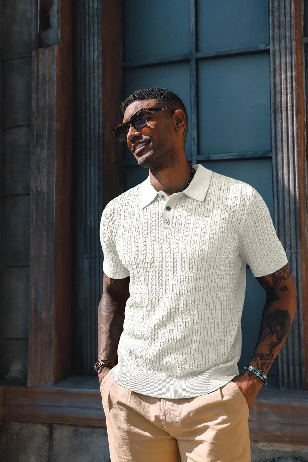 PJ PAUL JONES Mens Knit Polo Shirt Short Sleeve Hollow Out Knit Shirt Texture Knitted Polo