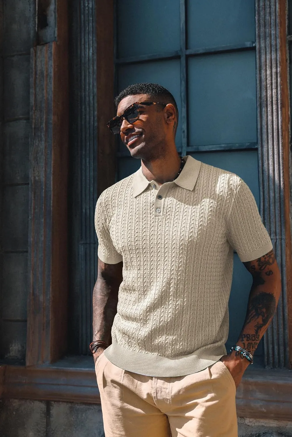 PJ PAUL JONES Mens Knit Polo Shirt Short Sleeve Hollow Out Knit Shirt Texture Knitted Polo