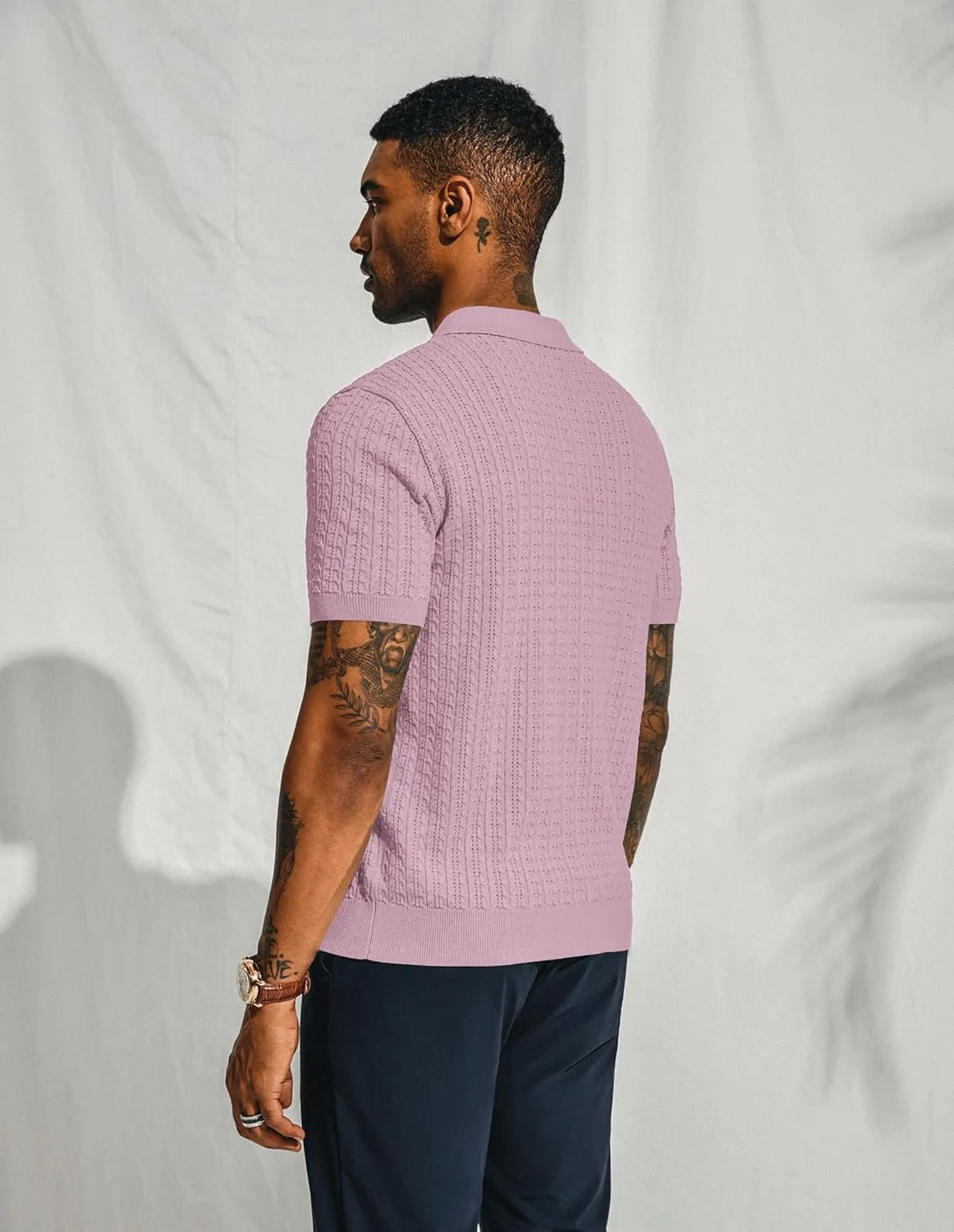 PJ PAUL JONES Mens Knit Polo Shirt Short Sleeve Hollow Out Knit Shirt Texture Knitted Polo