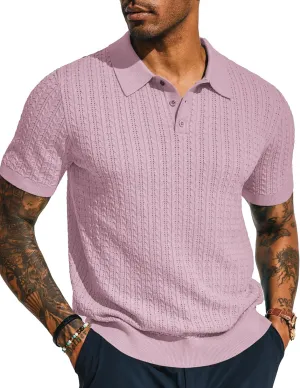 PJ PAUL JONES Mens Knit Polo Shirt Short Sleeve Hollow Out Knit Shirt Texture Knitted Polo