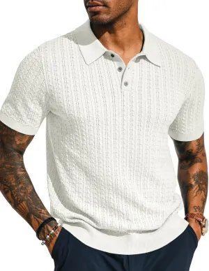 PJ PAUL JONES Mens Knit Polo Shirt Short Sleeve Hollow Out Knit Shirt Texture Knitted Polo