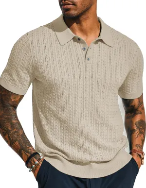 PJ PAUL JONES Mens Knit Polo Shirt Short Sleeve Hollow Out Knit Shirt Texture Knitted Polo
