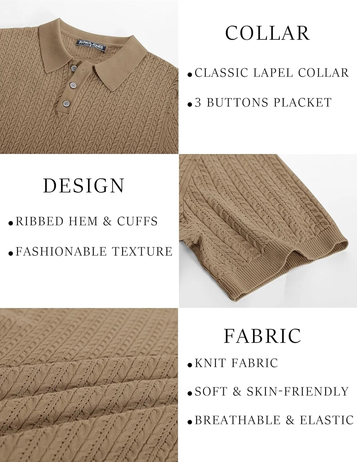 PJ PAUL JONES Mens Knit Polo Shirt Short Sleeve Hollow Out Knit Shirt Texture Knitted Polo