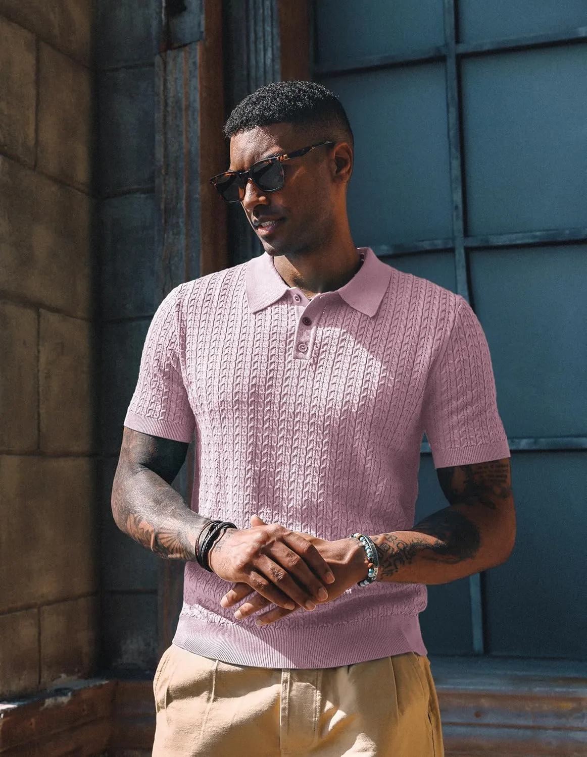 PJ PAUL JONES Mens Knit Polo Shirt Short Sleeve Hollow Out Knit Shirt Texture Knitted Polo
