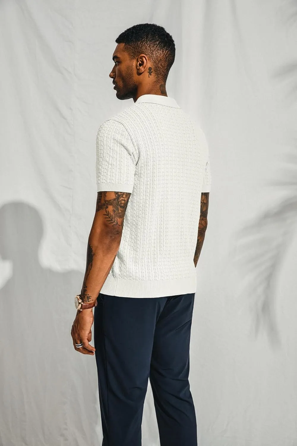 PJ PAUL JONES Mens Knit Polo Shirt Short Sleeve Hollow Out Knit Shirt Texture Knitted Polo