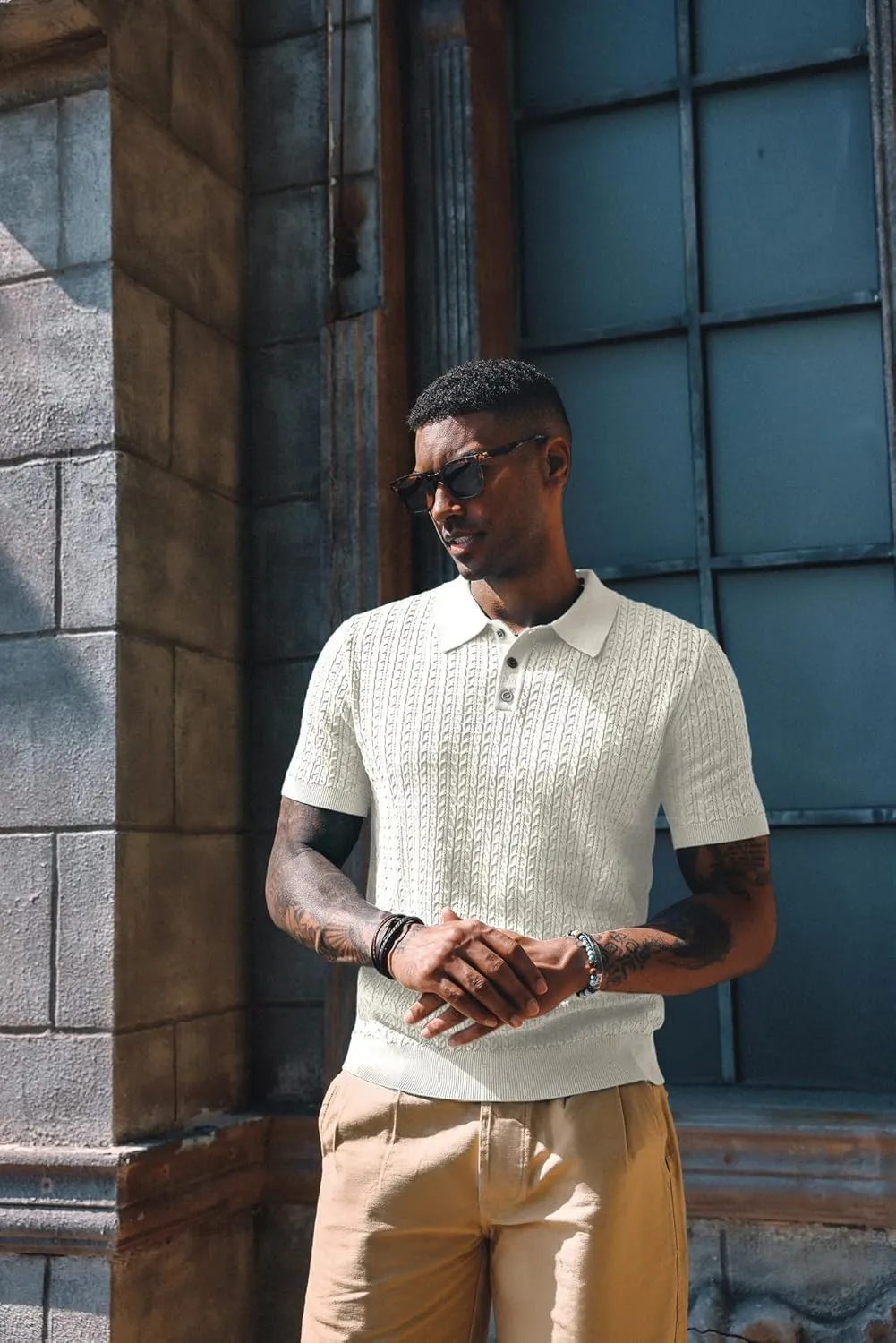 PJ PAUL JONES Mens Knit Polo Shirt Short Sleeve Hollow Out Knit Shirt Texture Knitted Polo