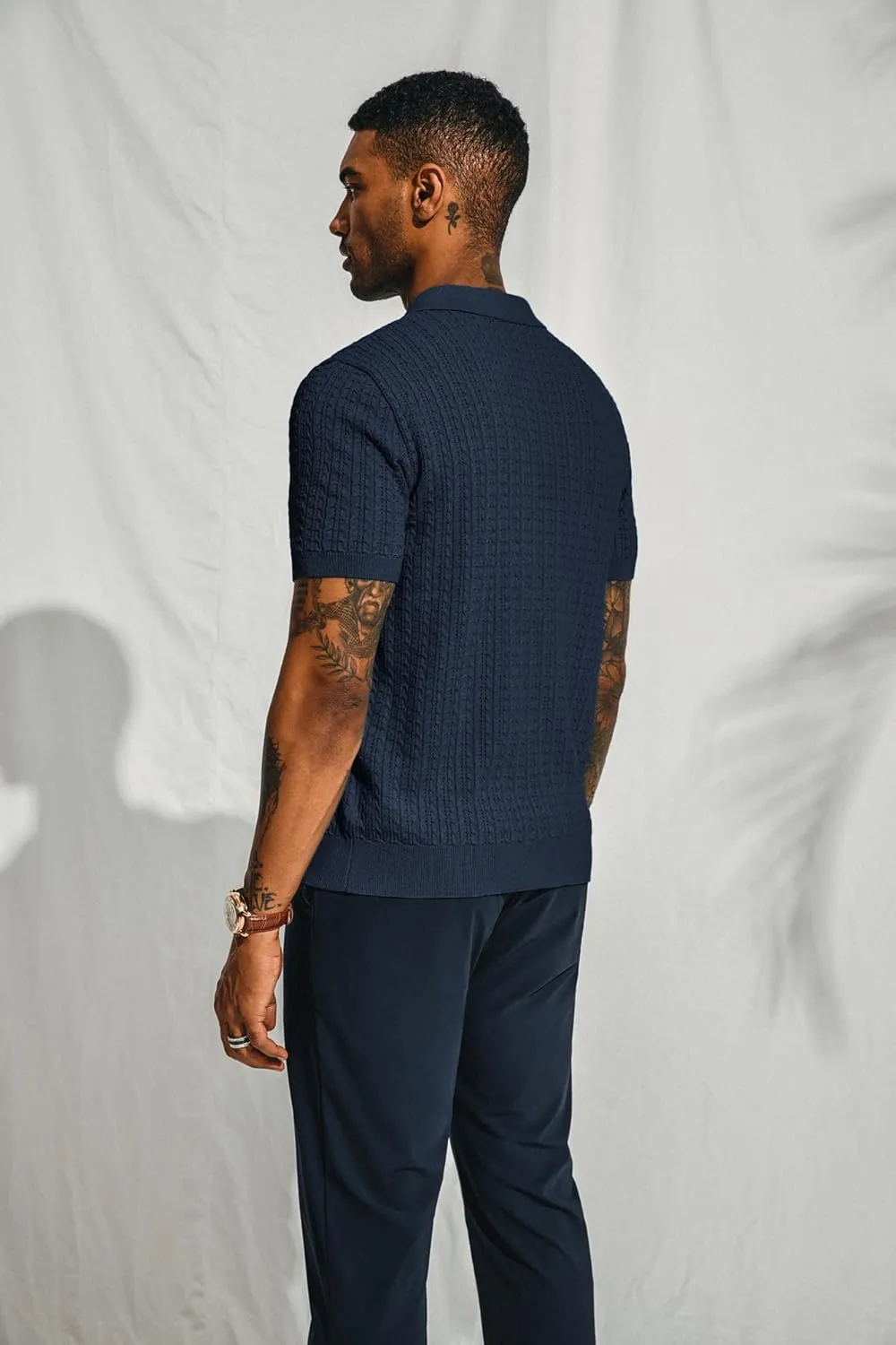 PJ PAUL JONES Mens Knit Polo Shirt Short Sleeve Hollow Out Knit Shirt Texture Knitted Polo