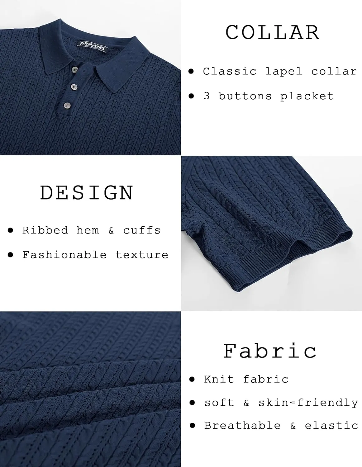 PJ PAUL JONES Mens Knit Polo Shirt Short Sleeve Hollow Out Knit Shirt Texture Knitted Polo
