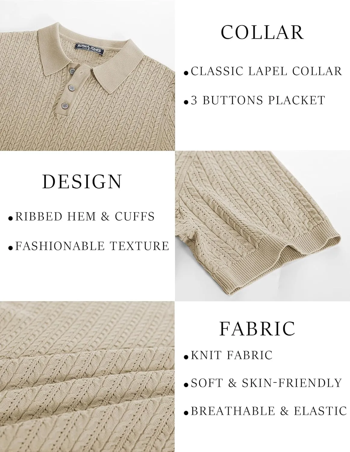 PJ PAUL JONES Mens Knit Polo Shirt Short Sleeve Hollow Out Knit Shirt Texture Knitted Polo