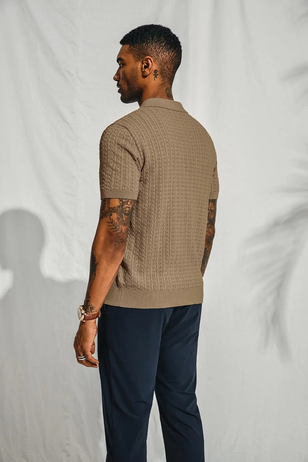 PJ PAUL JONES Mens Knit Polo Shirt Short Sleeve Hollow Out Knit Shirt Texture Knitted Polo