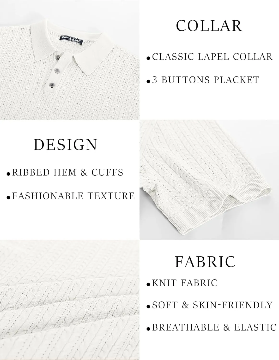 PJ PAUL JONES Mens Knit Polo Shirt Short Sleeve Hollow Out Knit Shirt Texture Knitted Polo