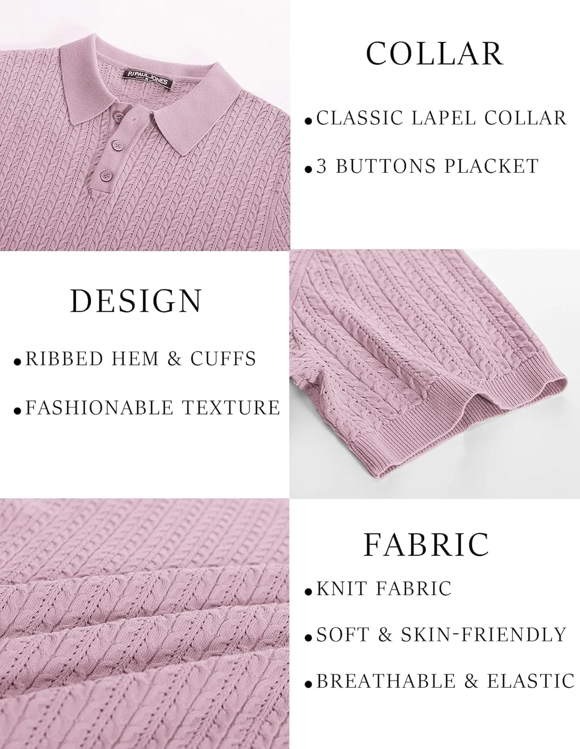 PJ PAUL JONES Mens Knit Polo Shirt Short Sleeve Hollow Out Knit Shirt Texture Knitted Polo