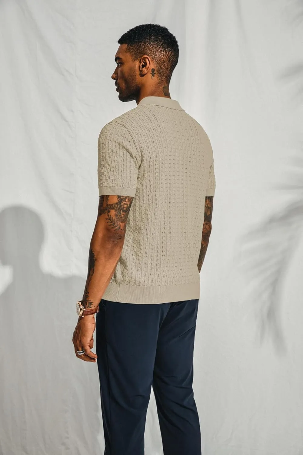 PJ PAUL JONES Mens Knit Polo Shirt Short Sleeve Hollow Out Knit Shirt Texture Knitted Polo